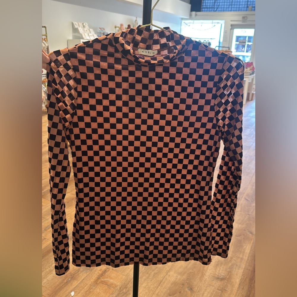 Purple and Brown Checkered Women’s Long-Sleeve Top